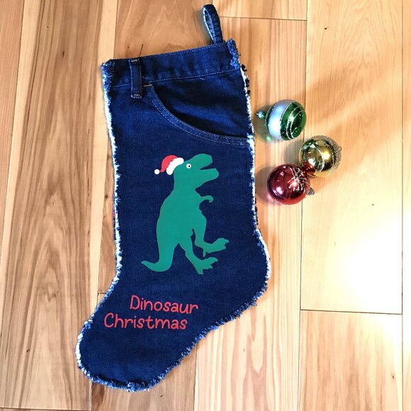 Handmade Denim Christmas Stocking w/Jean Pocket: T Rex Dinosaur Graphic, S-M - Picture 2 of 8